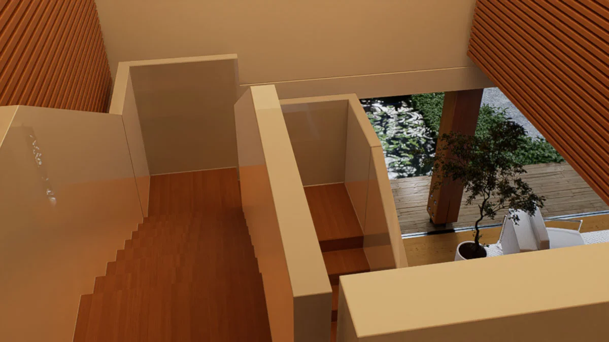 Casa Metepec. Vista de la escalera desde planta alta. By Ethelett.