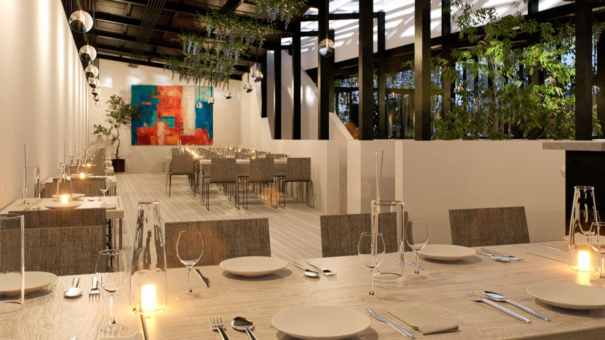Restaurante Urbane Mexico. Vista del comedor de planta alta con pintura al fondo. By Ethelett.