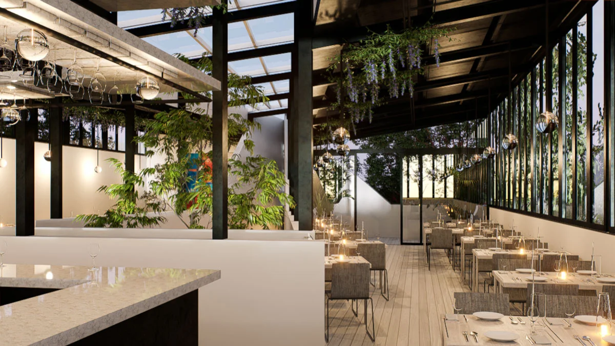 Restaurante Urbane Mexico. Vista del comedor en planta alta. By Ethelett.