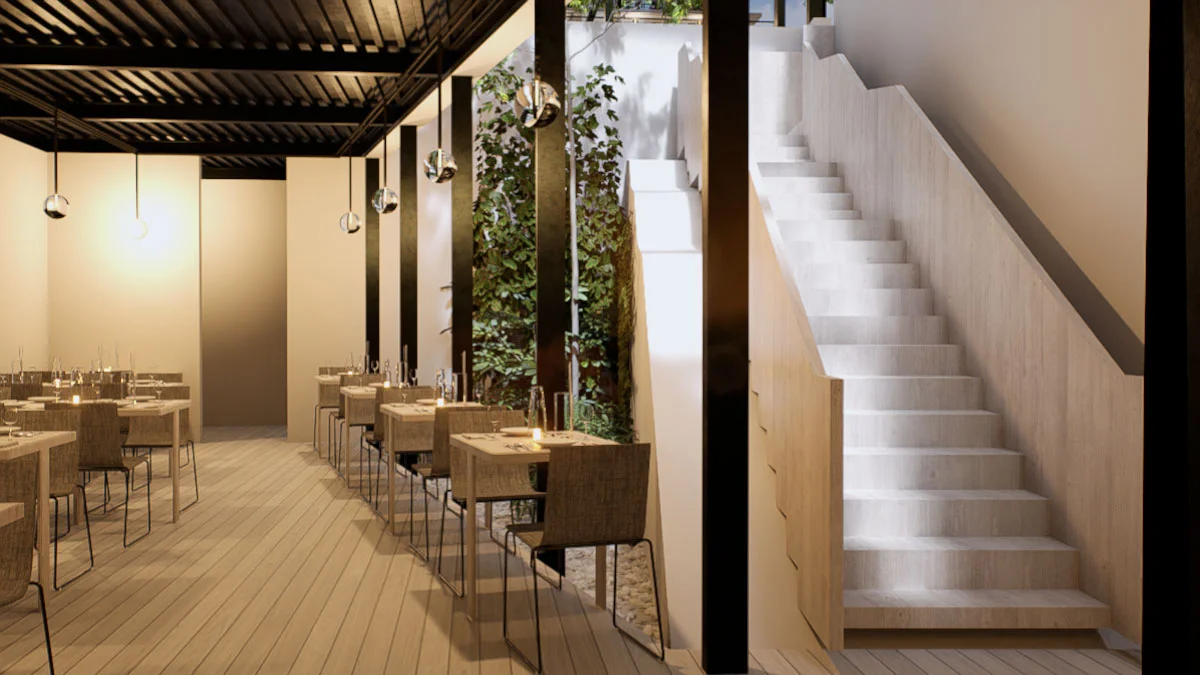 Restaurante Urbane Mexico. Vista de la escalera desde planta baja. By Ethelett.