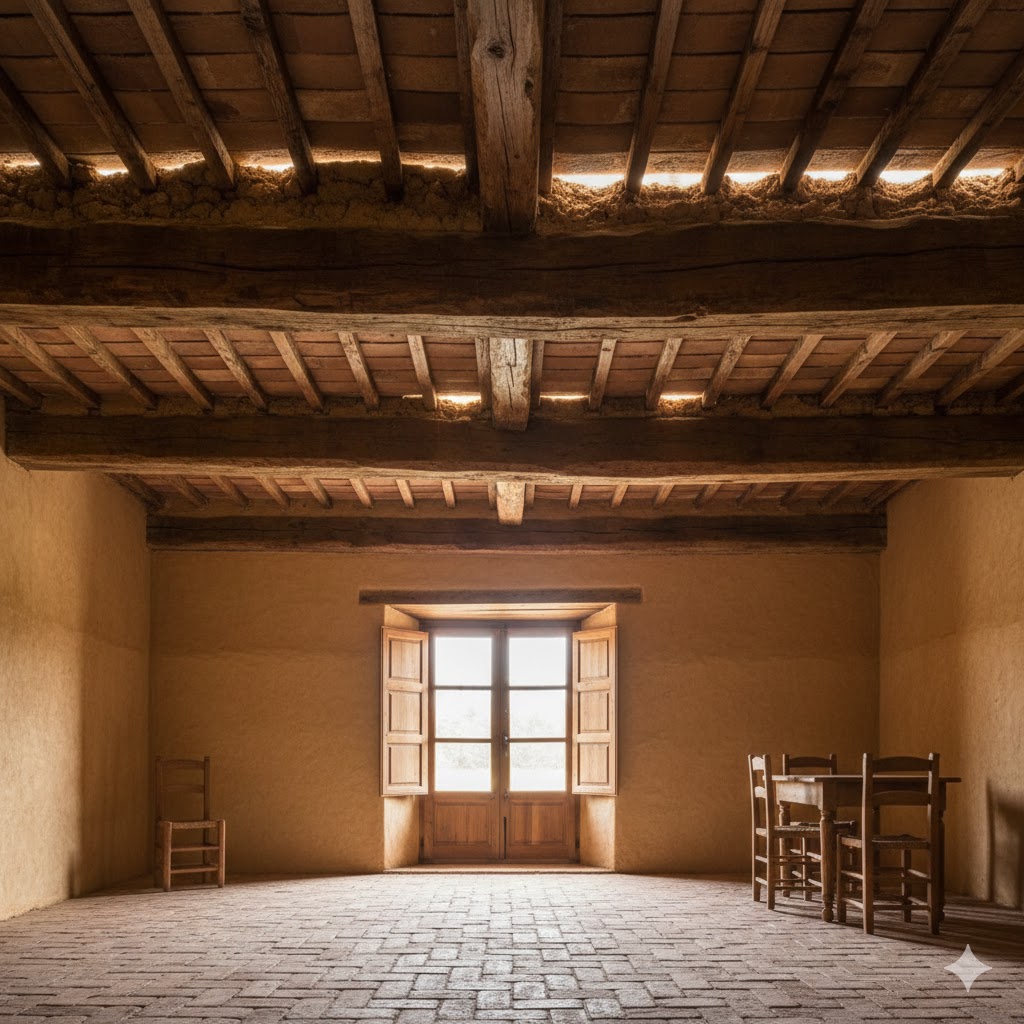 Construcción con tierra y madera. Representación de una típica construcción con entrepiso a base de vigas de madera y terrado