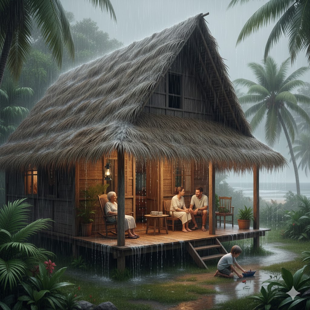 Sistemas constructivos tradicionales. Representación de una casa adaptada su clima, hecha con materiales locales