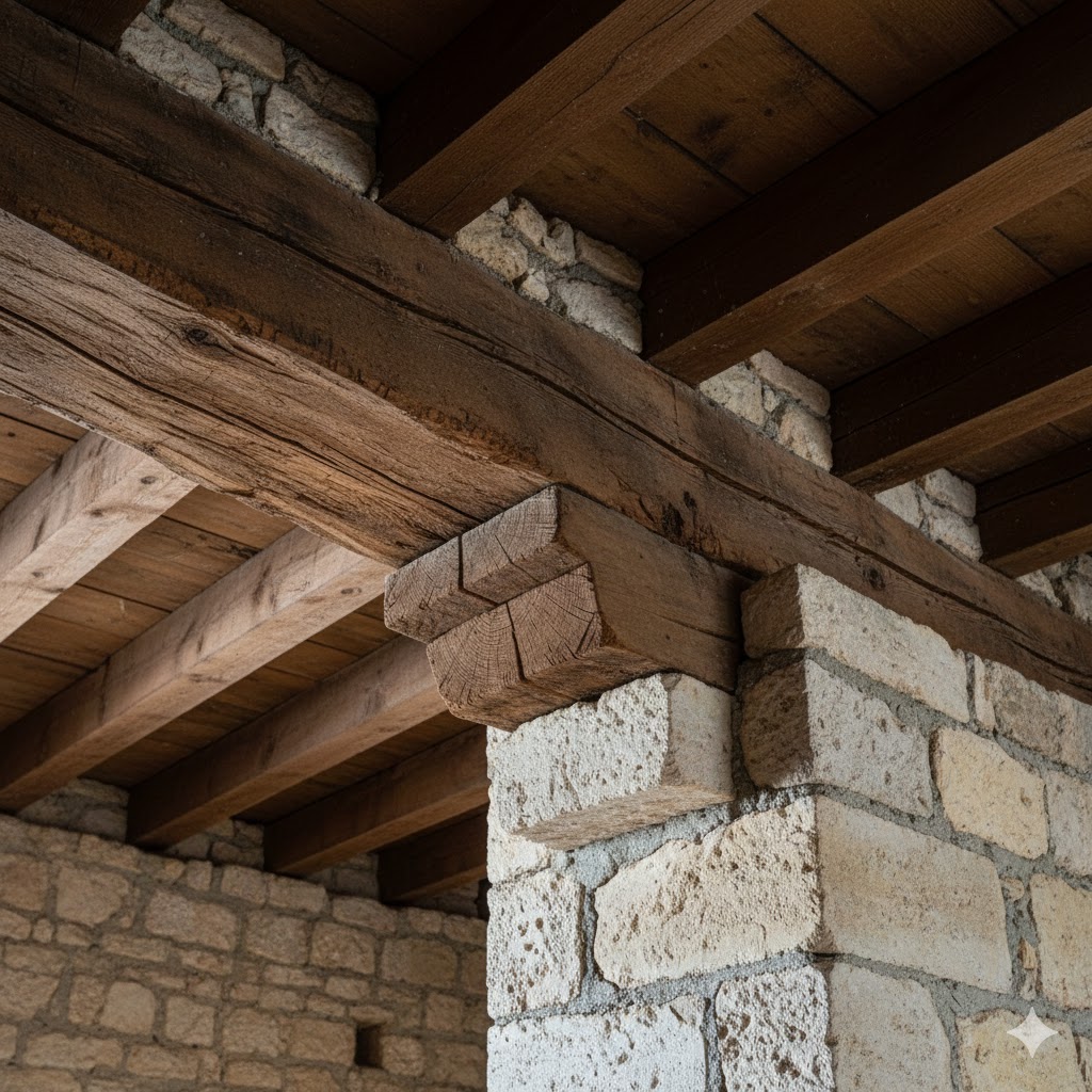 Representación de una viga de madera apoyada sobre un muro